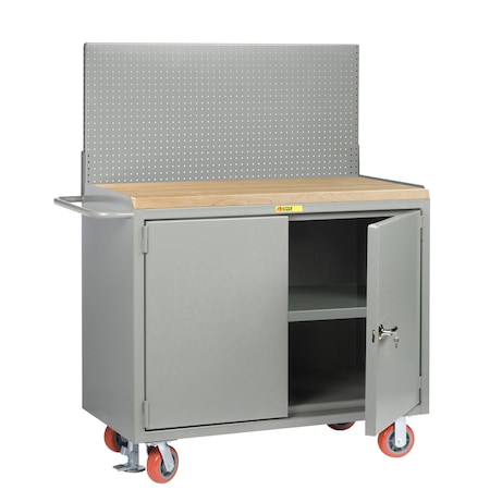 Little Giant Mobile Bench Cabinets, 36"W, Center Shelf, Butcher Block, Pegboard MJ3-2D-2436FLPB